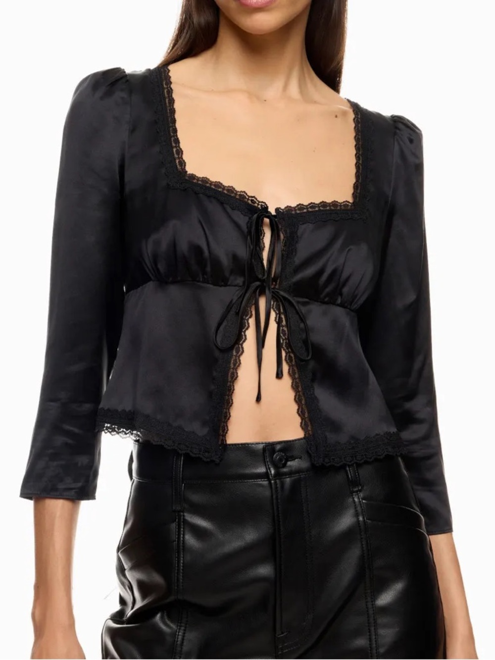 Reformation Lucinda Silk Top, Black Satin Tie-Front Lace-Trim Top